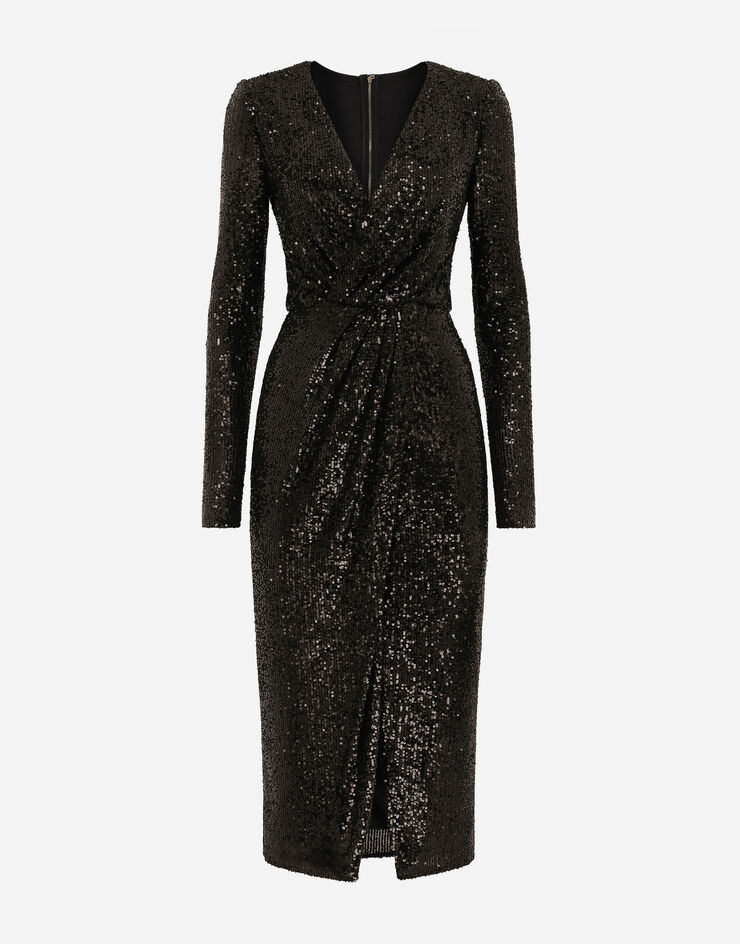 Dolce & Gabbana Longuette-Kleid aus Mikropailletten Schwarz F6DHFTFLUBW