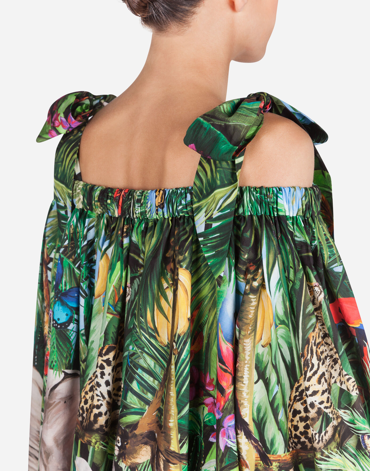 SHORT POPLIN DRESS WITH BRACES AND JUNGLE PRINT