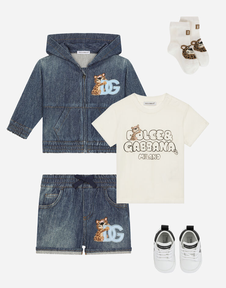 Dolce & Gabbana Felpa zip con cappuccio in jersey denim stretch Blu L1JWGIG7HX4