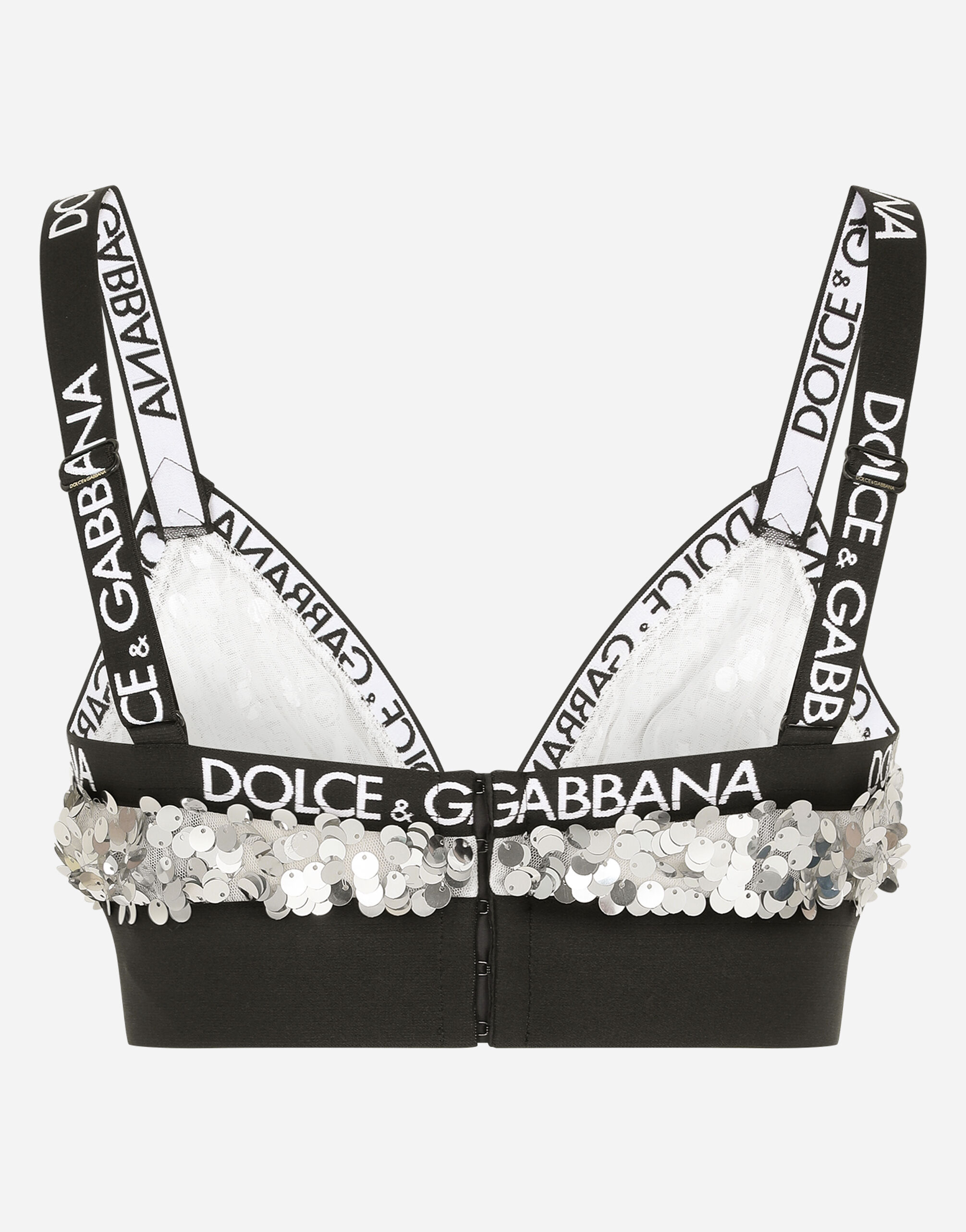 Sequined triangle bra with branded elastic