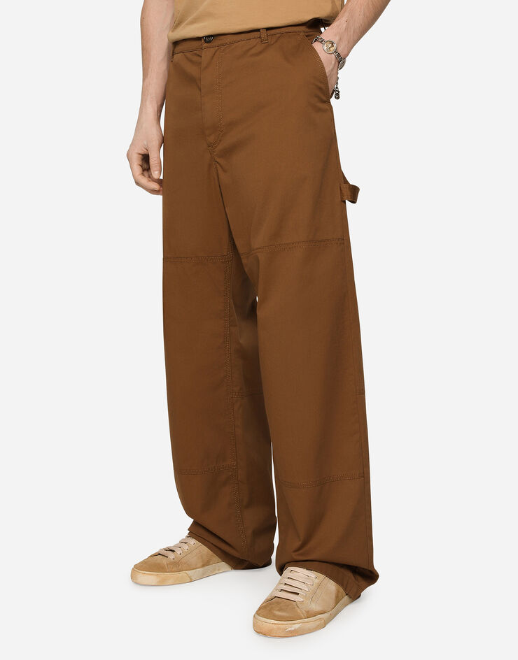 Dolce & Gabbana Stretch cotton worker pants with brand plate Brown GV4ZXTFUFML