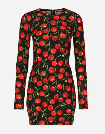 Dolce & Gabbana Short long-sleeved jersey dress with cherry print Black F759LTFLRC2