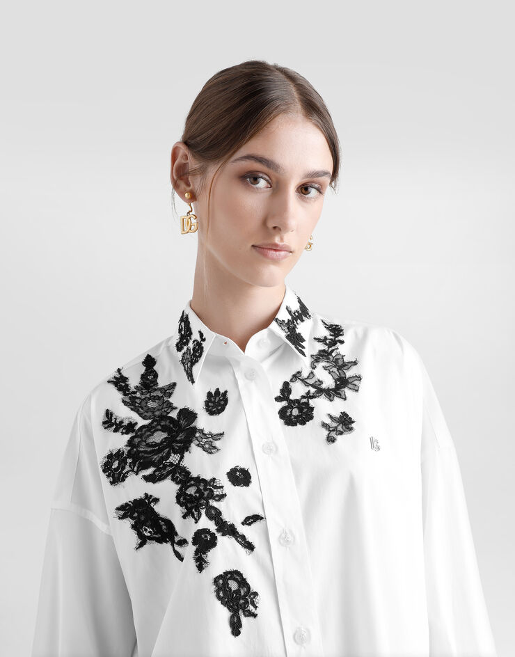 Dolce & Gabbana Camicia oversize in popeline di cotone con applicazioni in pizzo Bianco F5T39TGDB8O