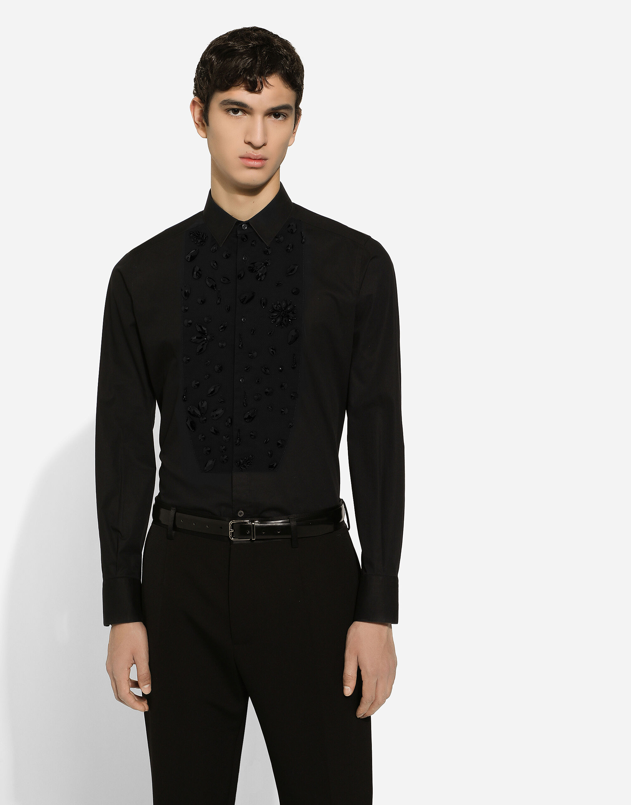 Gold fit tuxedo shirt with rhinestone embroidery in Black for