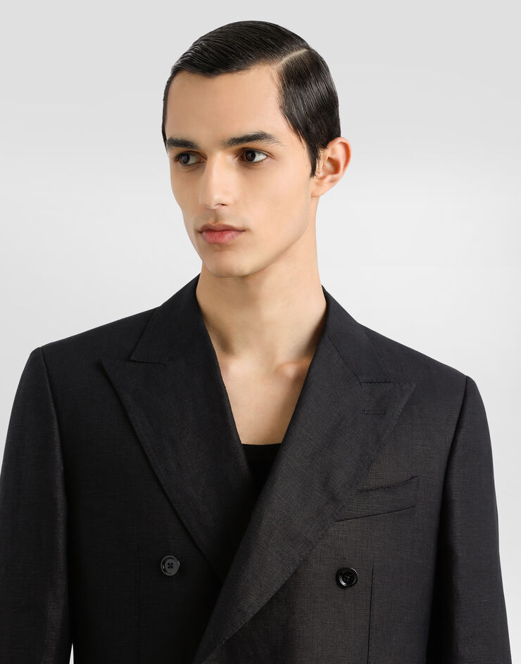 Dolce & Gabbana Zweireihige Jacke aus Leinenstoff Schwarz G2QS7TFU4MC