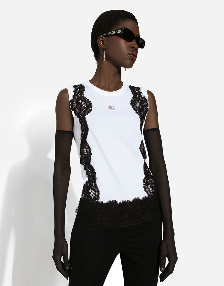 Dolce & Gabbana Jersey tank top with DG logo and lace inserts Blanc F8S23TGDB8M
