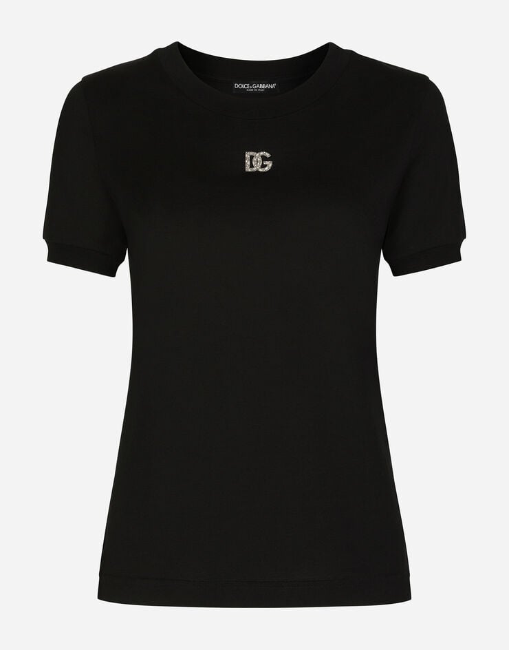 Dolce & Gabbana T-Shirt aus Jersey mit Verzierung DG Crystal Schwarz F8T00ZG7B3U