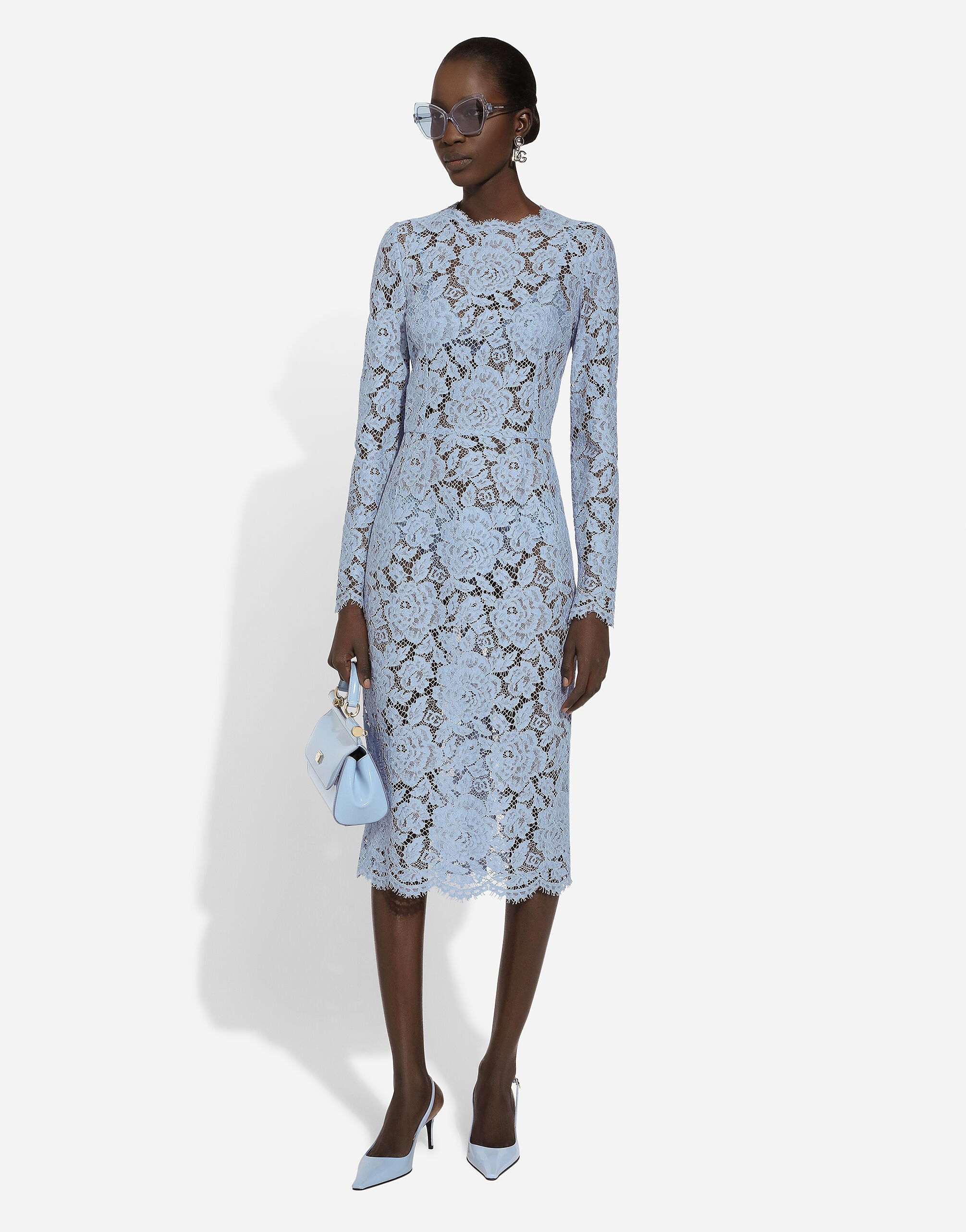 ライトブルーのウィメンズ ロゴ&フローラル コードレース ロンゲット シースドレス | Dolce&Gabbana®