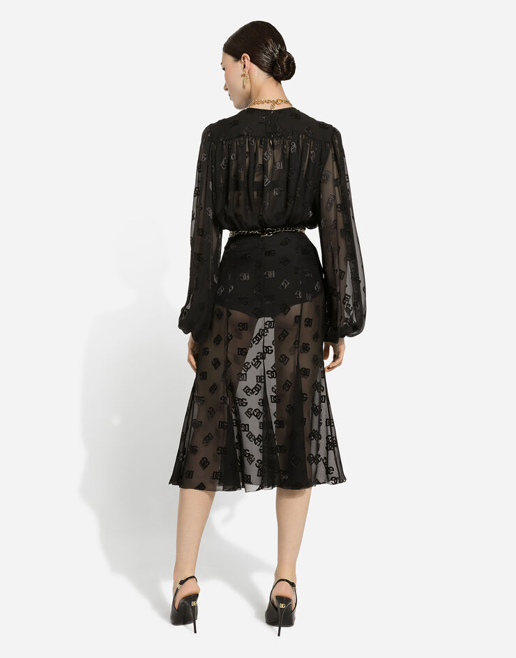 Dolce & Gabbana Dévoré satin godet skirt with DG logo Black F4CCHTFJ9AF