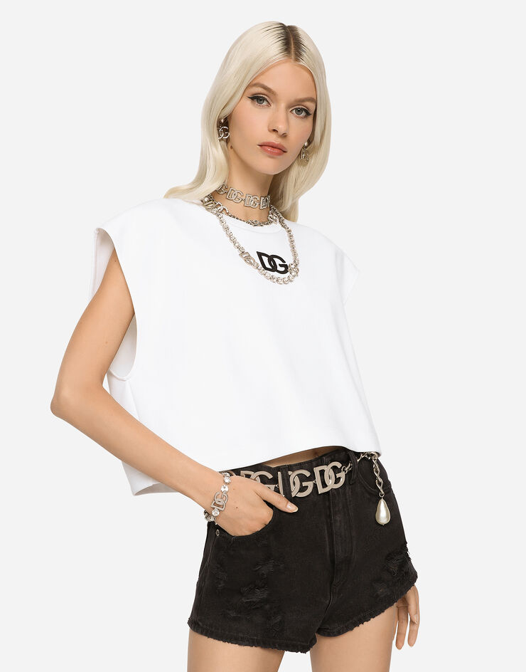 Dolce & Gabbana Cropped jersey T-shirt with DG logo patch White F8T09ZG7HPF