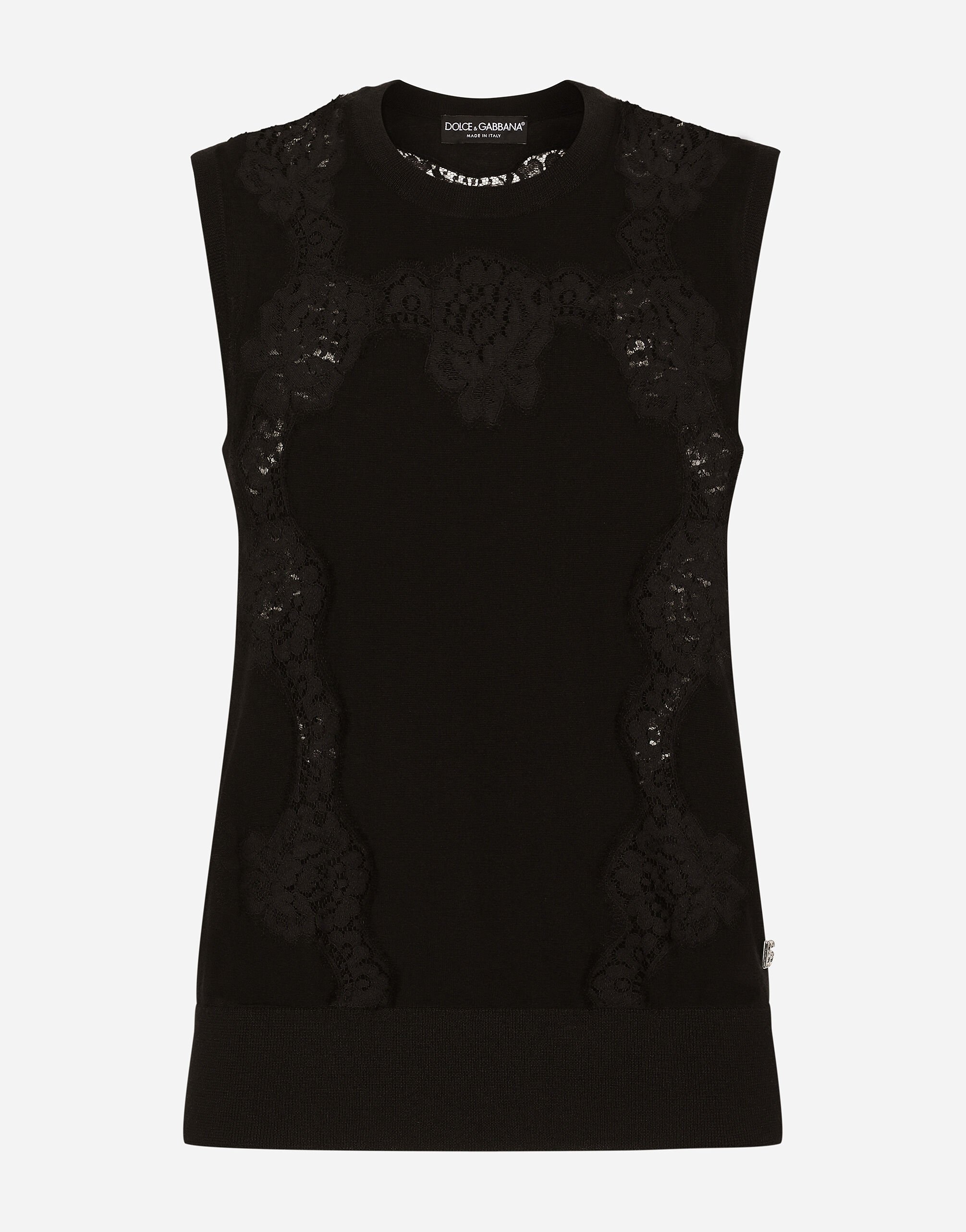 Dolce&Gabbana Jersey de cachemira y seda con aplicaciones de encaje Negro F6DDXTGDB0R