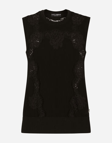 Dolce&Gabbana Pull en cachemire et soie avec intarsias en dentelle Noir F6DDXTGDB0R