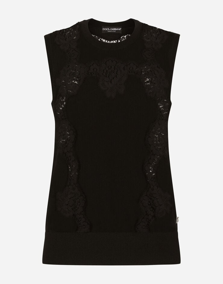 Dolce & Gabbana Pullover aus Kaschmir und Seide mit Intarsien aus Spitze Schwarz FXJ26TJEMO7