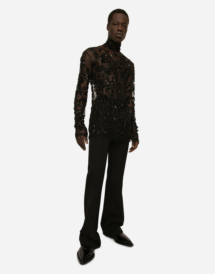 Dolce&Gabbana T-Shirt aus Tüll mit hohem Kragen und Paillettenstickereien Schwarz G8RD9ZG7KG4