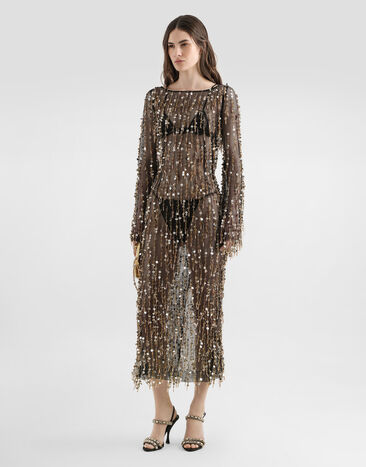 Dolce & Gabbana Robe longue avec franges brodées et paillettes Multicolor F60EJZGDDG3