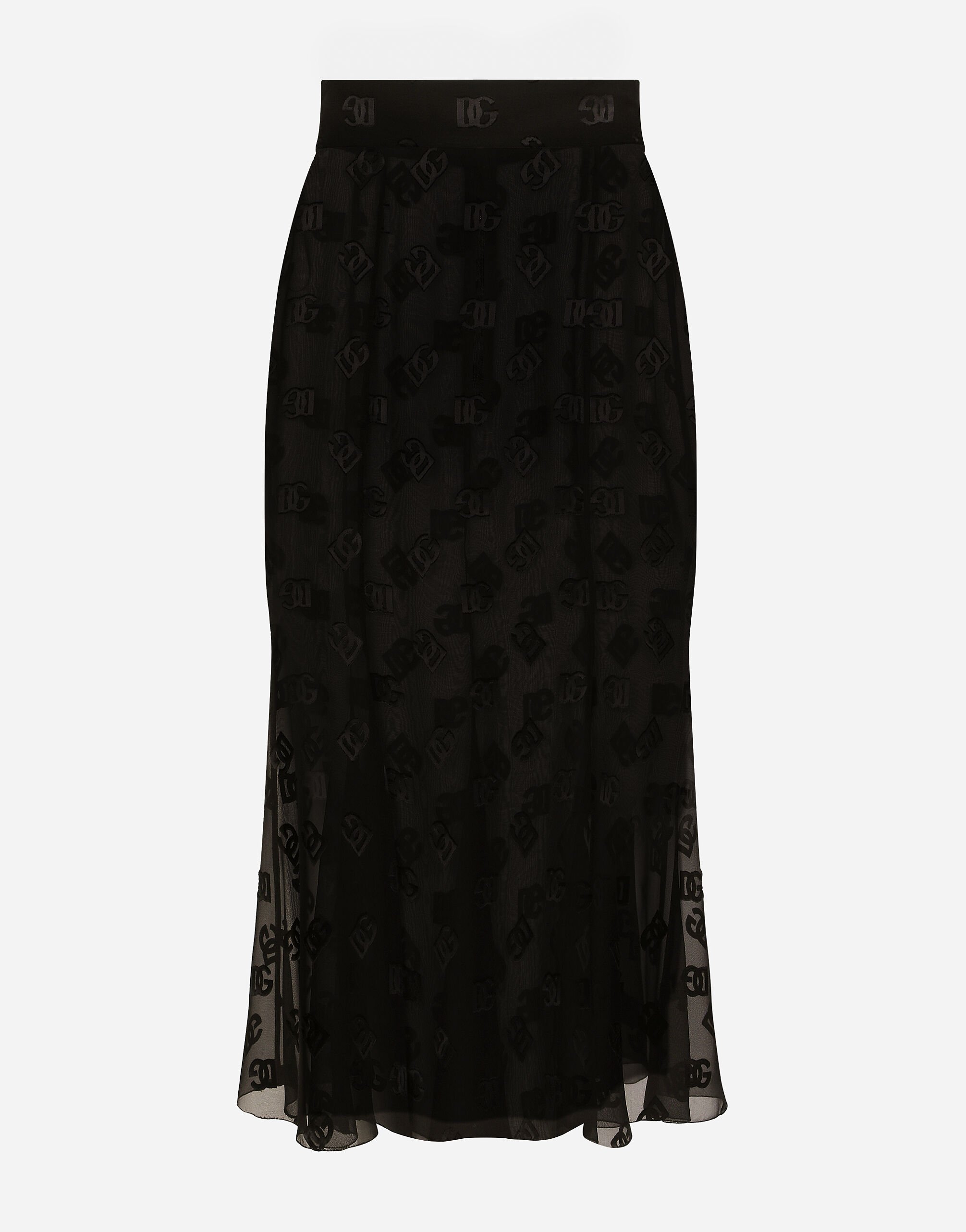 Dolce & Gabbana Devoré satin skirt with all-over DG logo Black FXO05ZJFMBC
