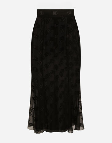 Dolce & Gabbana Devoré satin skirt with all-over DG logo Black F4CCHTFJTBR