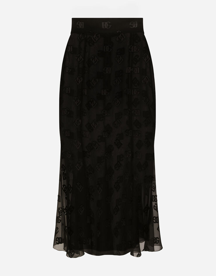 Dolce & Gabbana Devoré satin skirt with all-over DG logo Black F4CCHTFJTBR