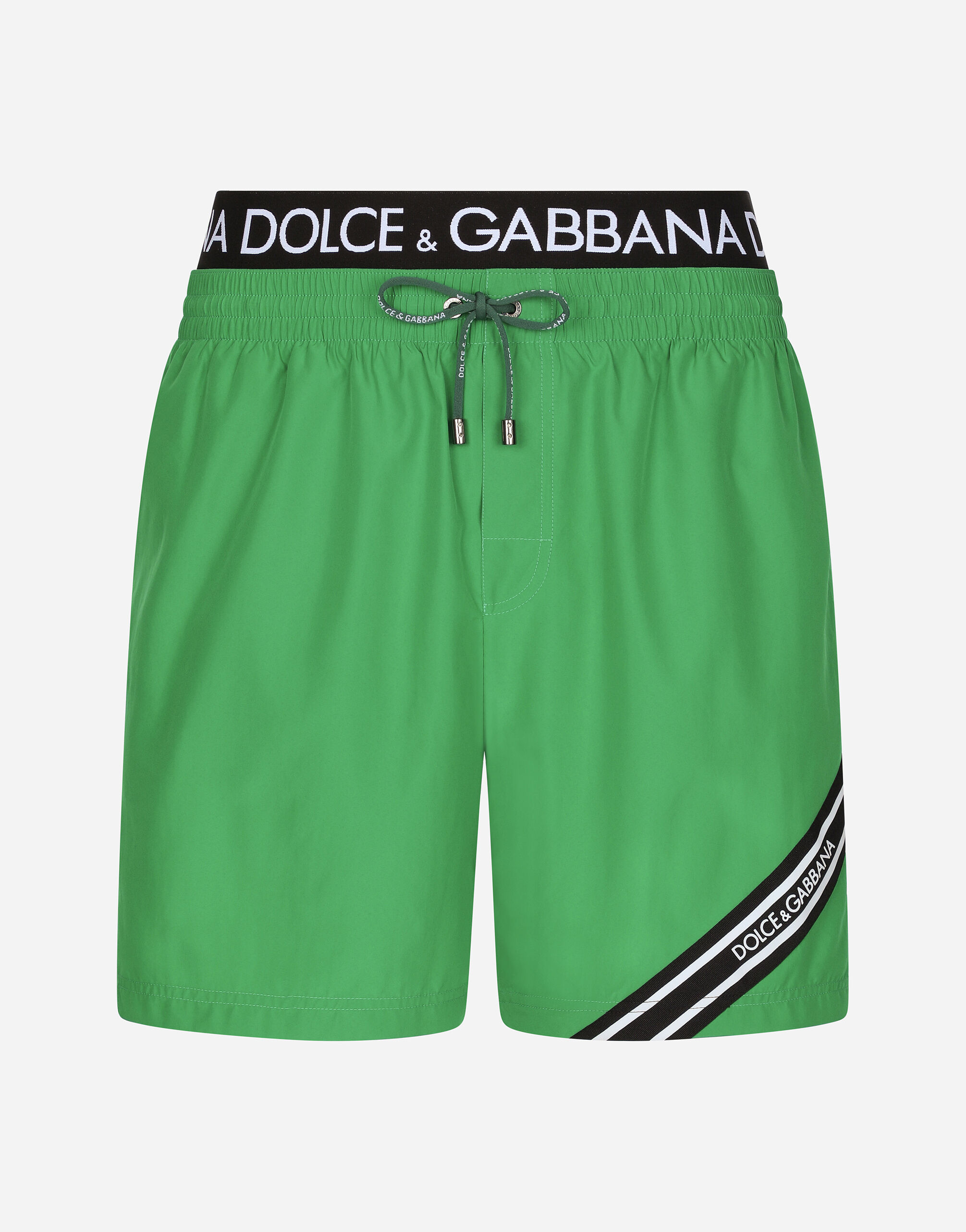 Mid length swim trunks with branded band