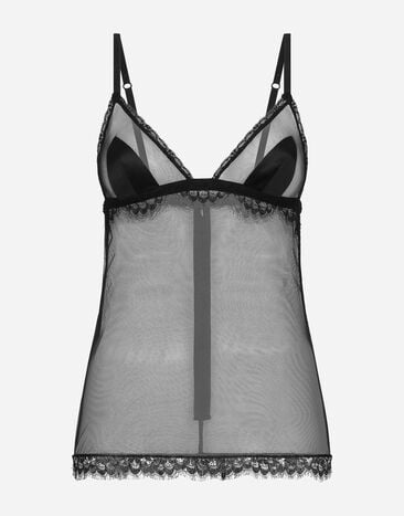 Dolce & Gabbana قميص نوم من تول ودانتيل أسود O1G24TONQ79