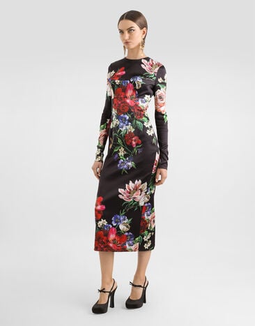 Dolce & Gabbana Satin calf-length round-neck dress with floral print Print F6TRQTFSIB5