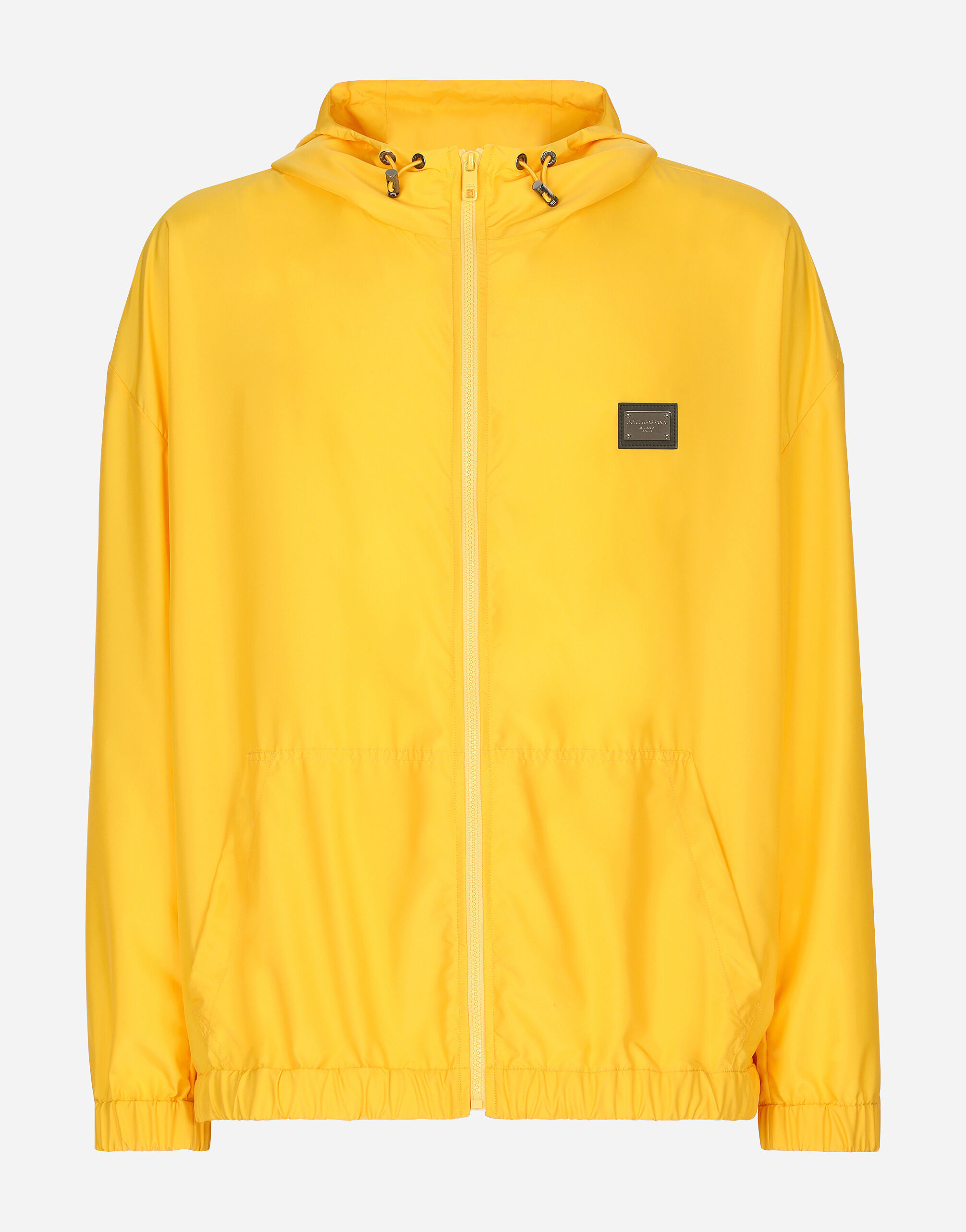 Nylon jacket with hood and branded tag in Yellow for