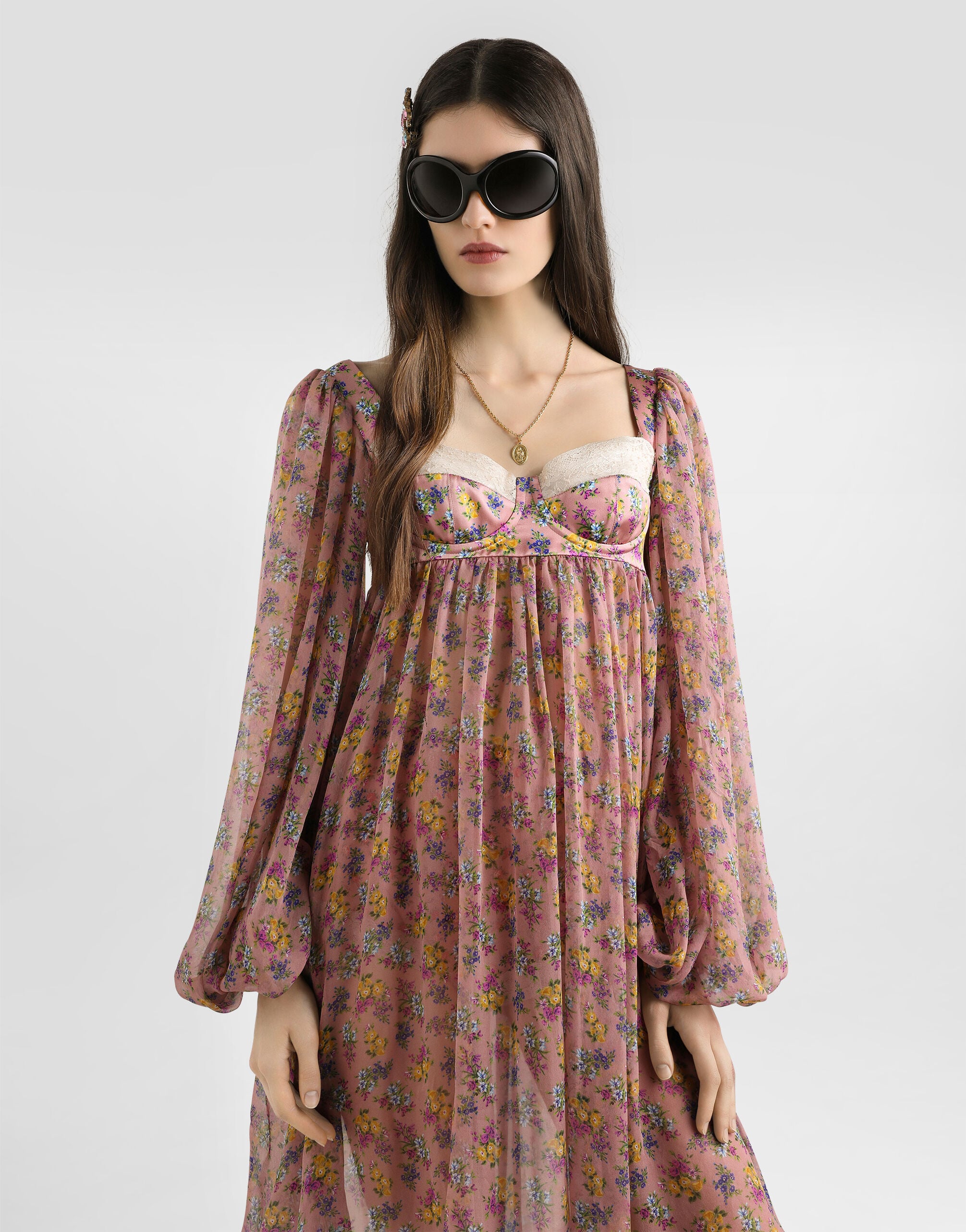 Small floral-print chiffon dress with lace in Multicolor for Women