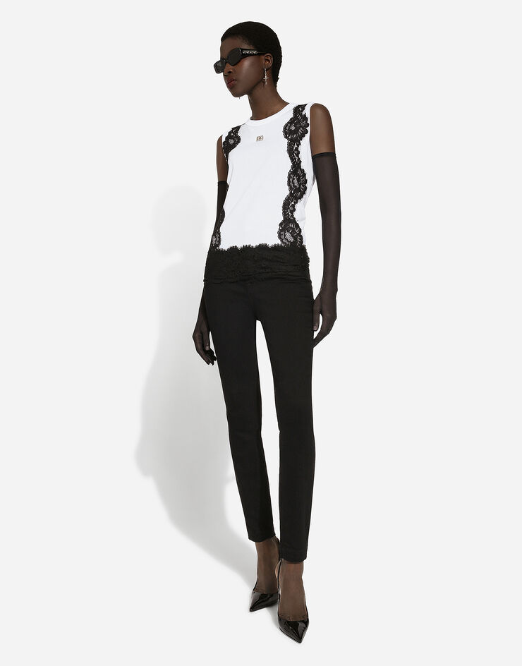 Dolce & Gabbana Jersey tank top with DG logo and lace inserts Blanc F8S23TGDB8M