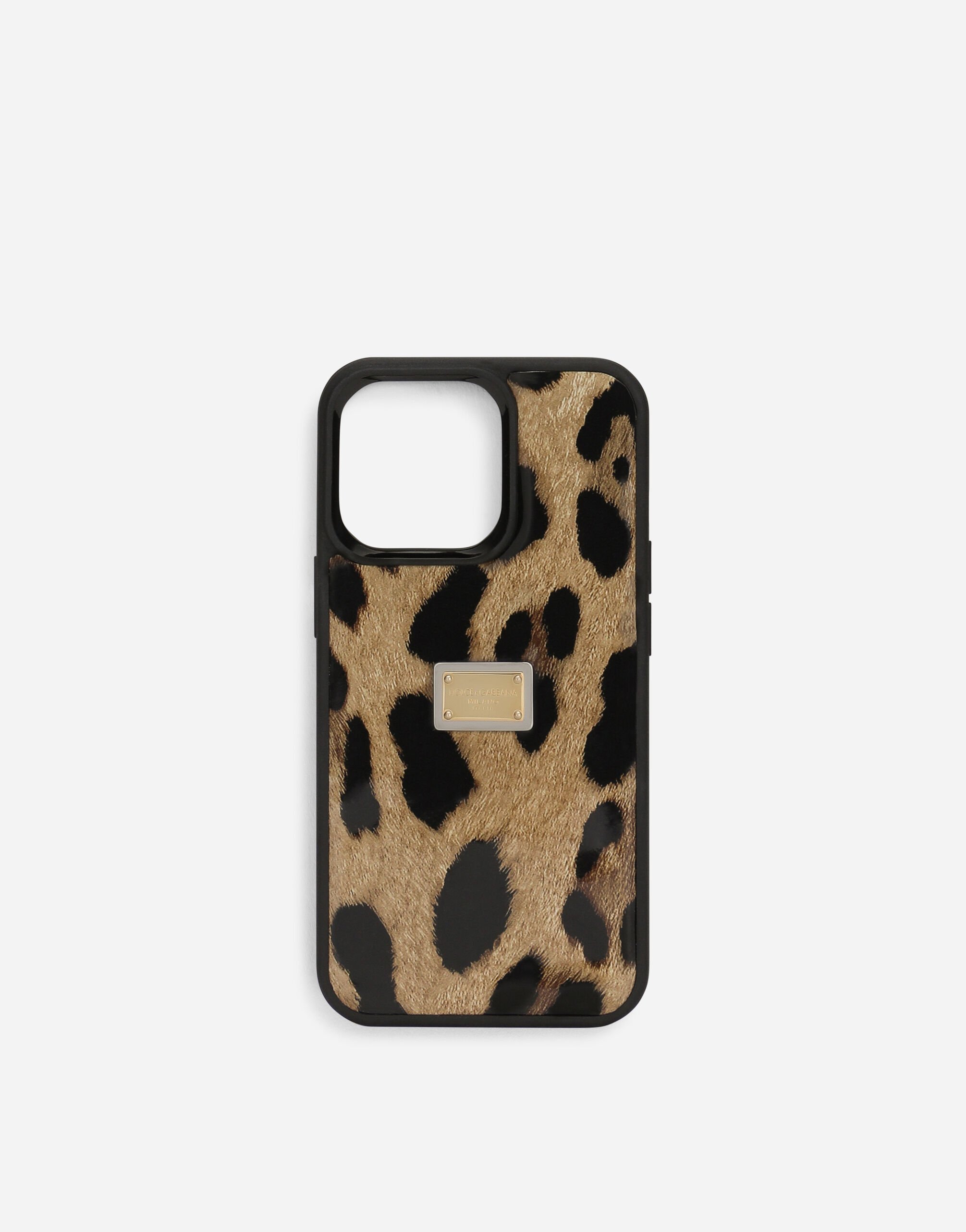 Dolce & Gabbana Funda para iPhone 14 Pro en piel de becerro brillante con estampado de leopardo Negro BI3265AG816