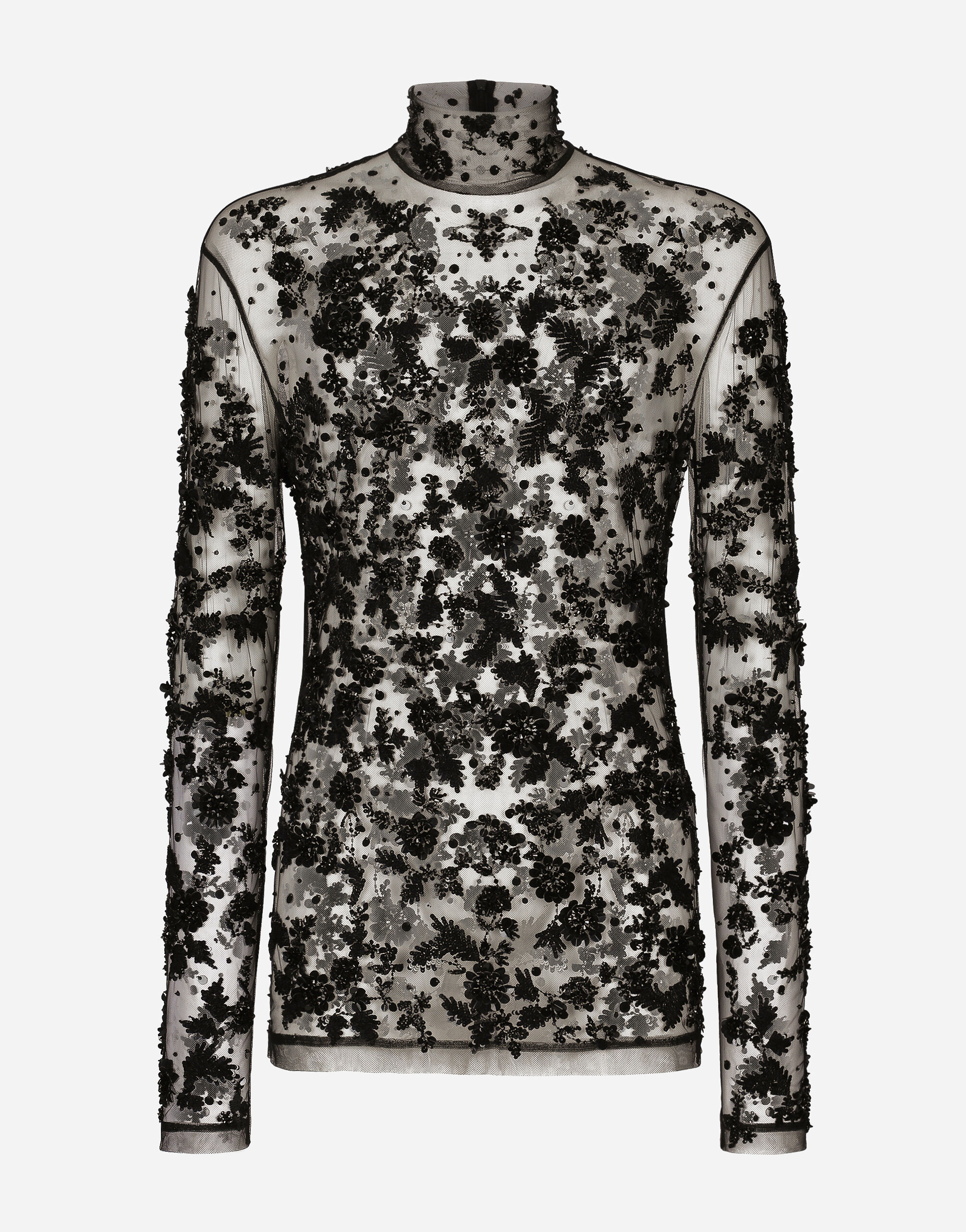 T shirt collo alto in tulle ricami paillettes in Nero da Uomo Dolce Gabbana