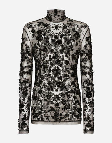 Dolce&Gabbana T-Shirt aus Tüll mit hohem Kragen und Paillettenstickereien Schwarz G8RD9ZG7KG4