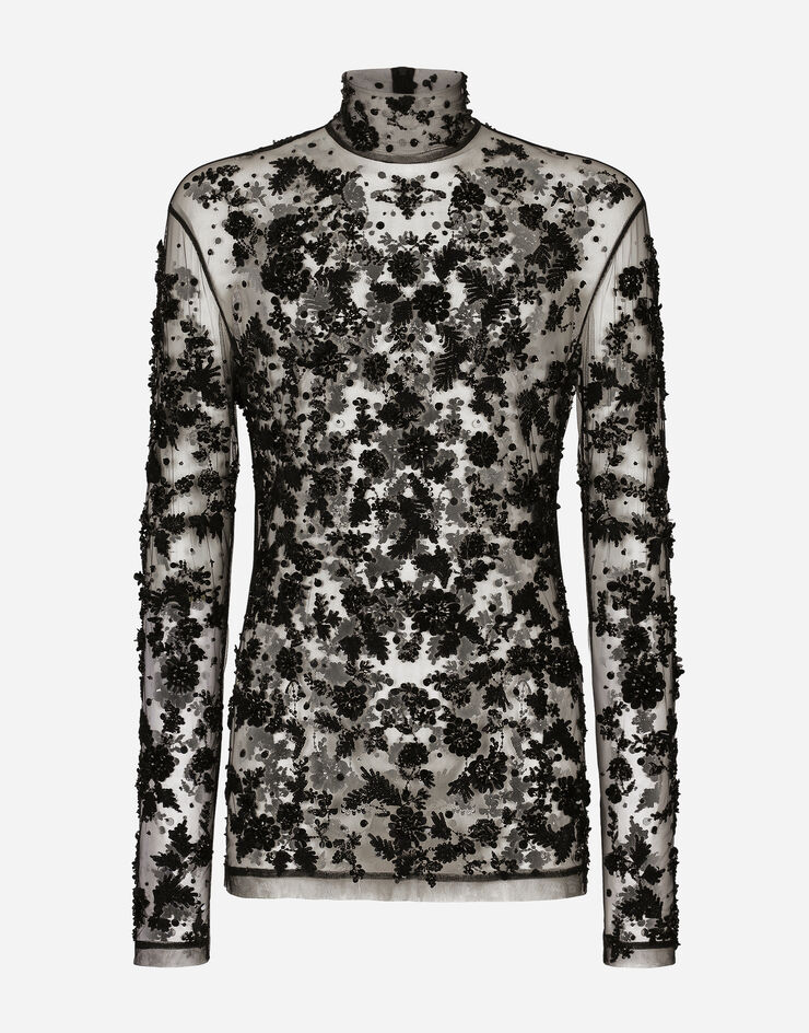 Dolce&Gabbana T-Shirt aus Tüll mit hohem Kragen und Paillettenstickereien Schwarz G8RD9ZG7KG4