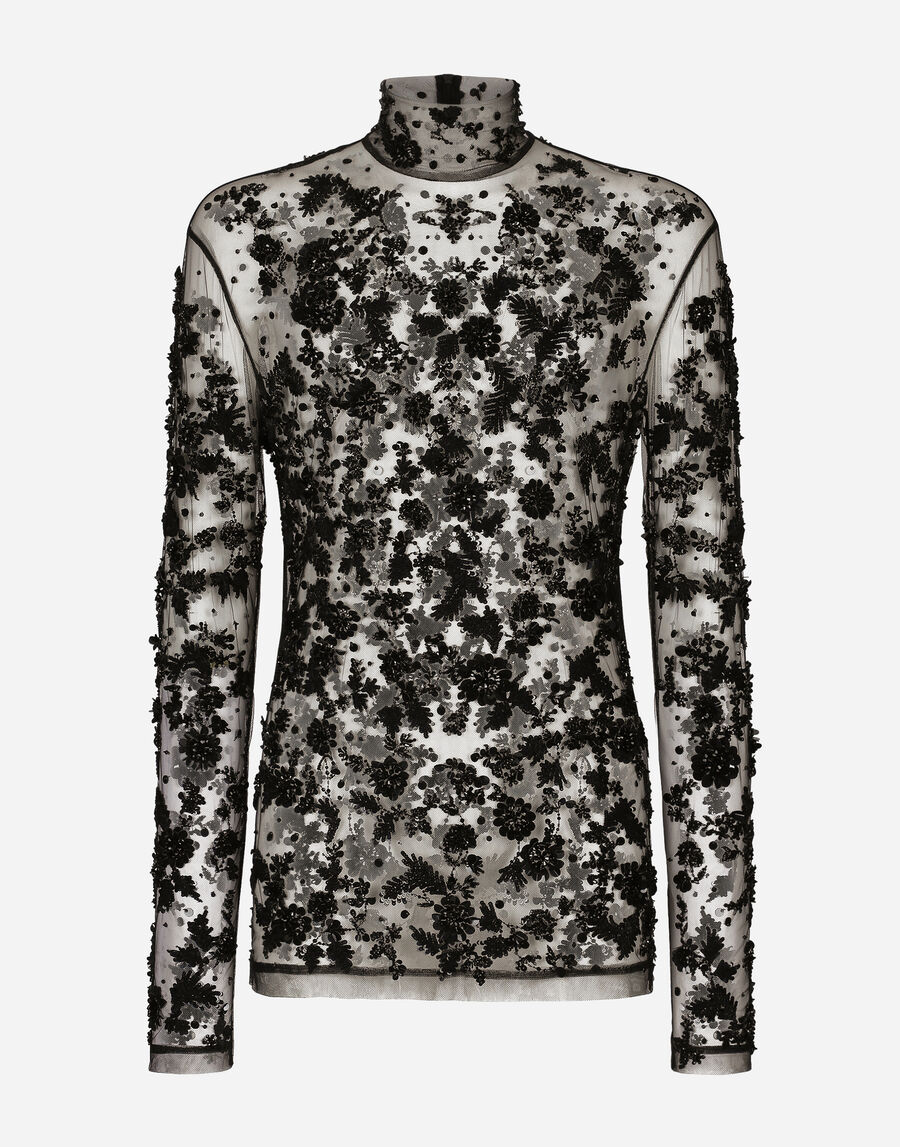 High-necked tulle T-shirt with sequined details