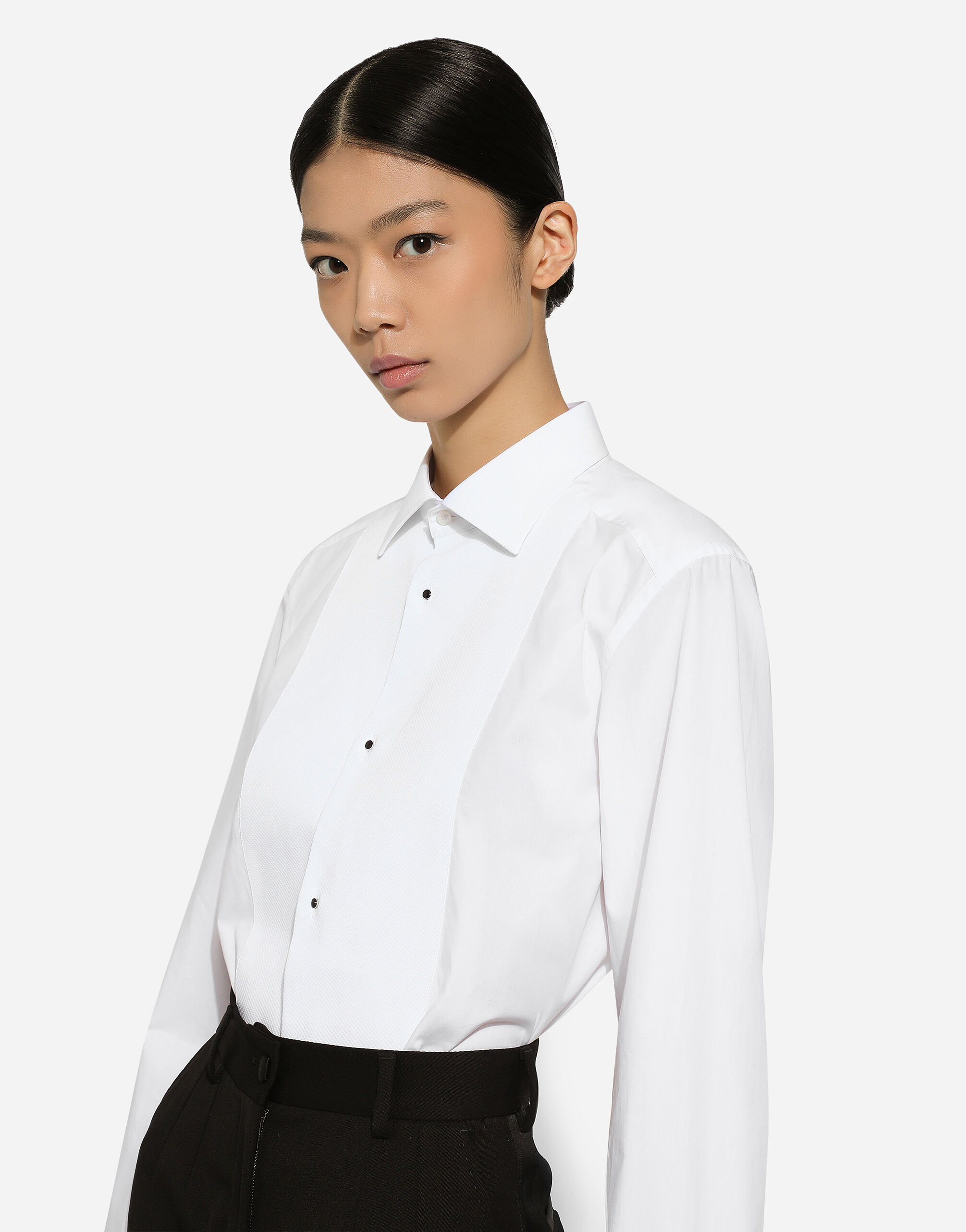 Camicia tuxedo in cotone con plastron in piquet in Bianco da Donna Dolce Gabbana