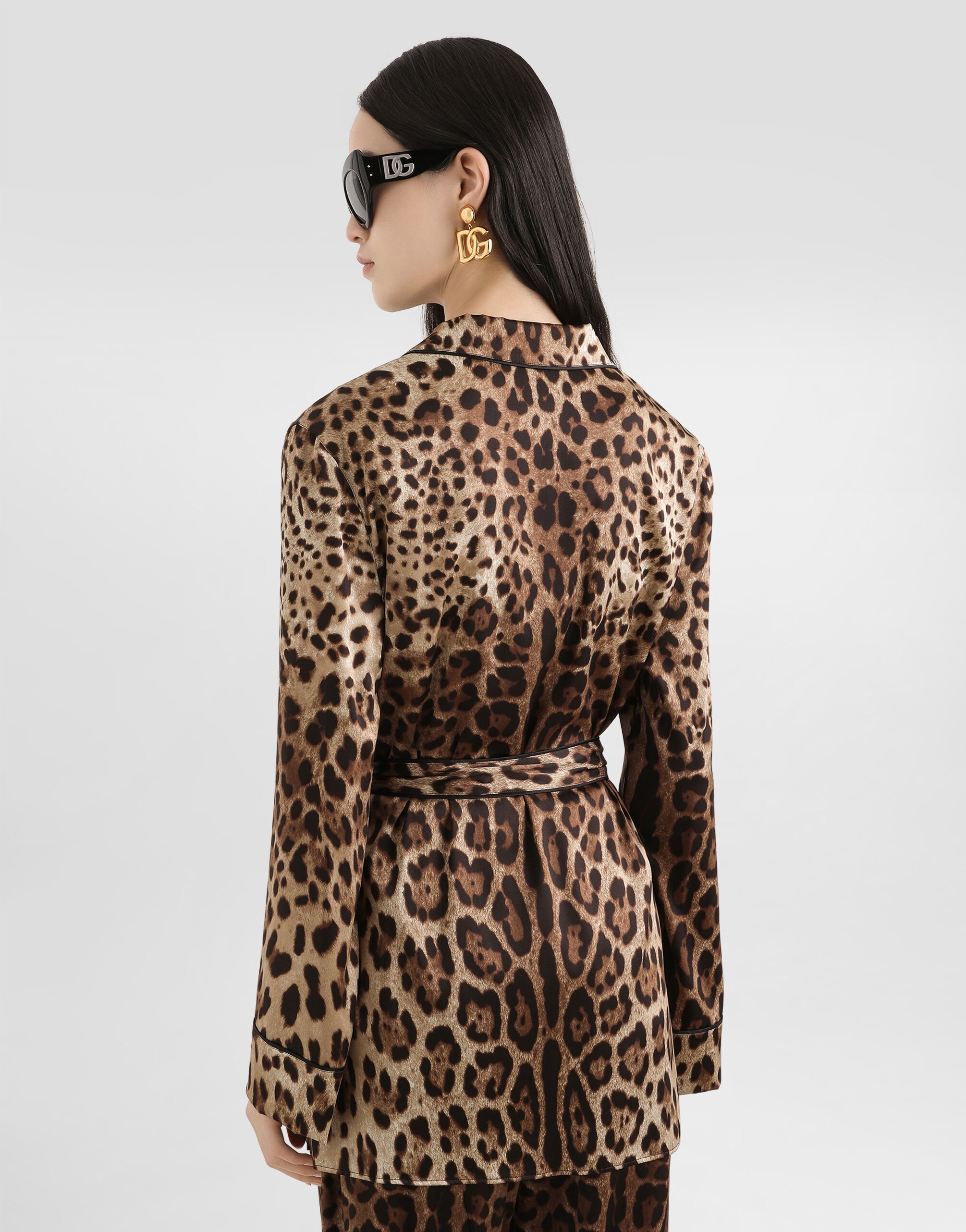 Leopard-print satin pajama shirt with belt in Multicolor for Women