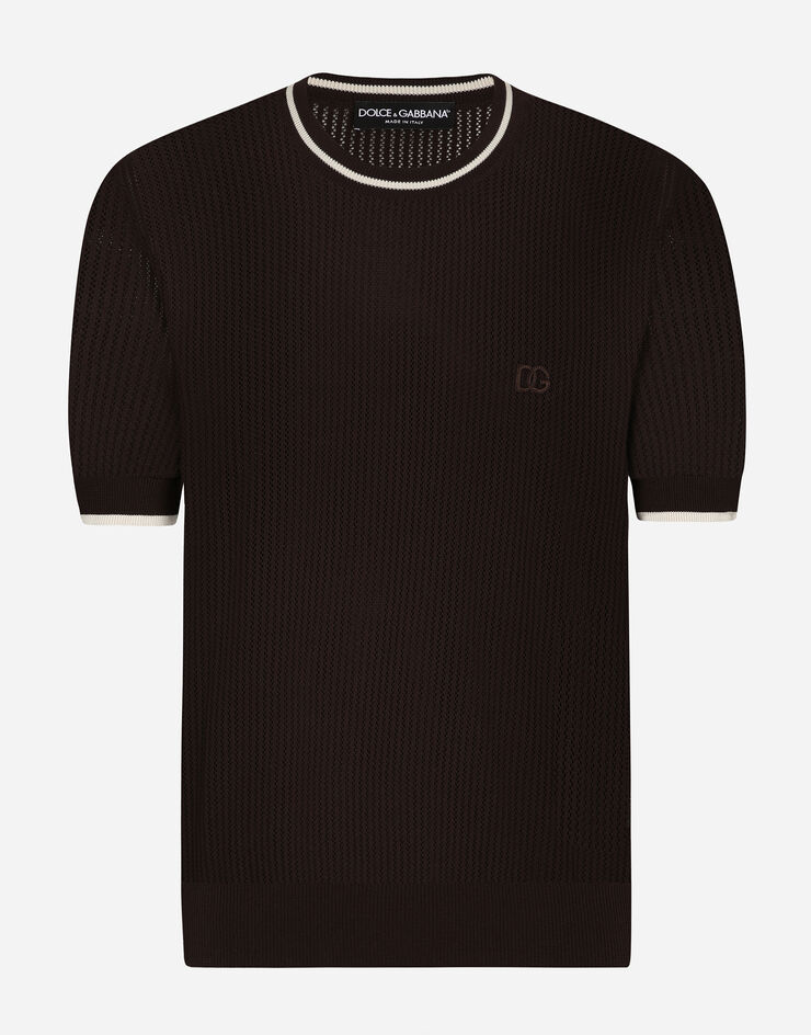 Dolce & Gabbana Round-neck cotton sweater with DG logo Brown GXX03ZJBCDS