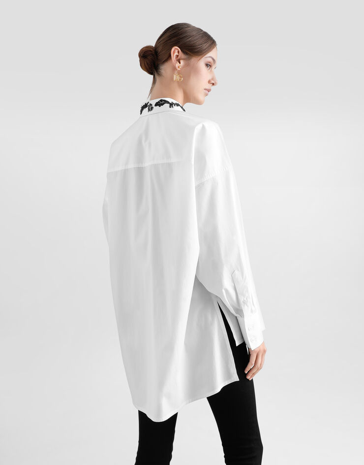 Dolce & Gabbana Camicia oversize in popeline di cotone con applicazioni in pizzo Bianco F5T39TGDB8O