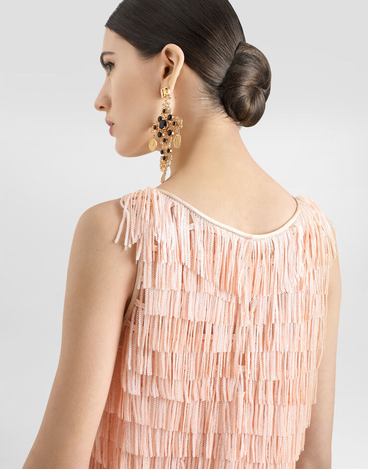 Dolce & Gabbana Ärmelloses Top mit Paillettenfransen-Stickerei Rosa F7AY0TFLSLR