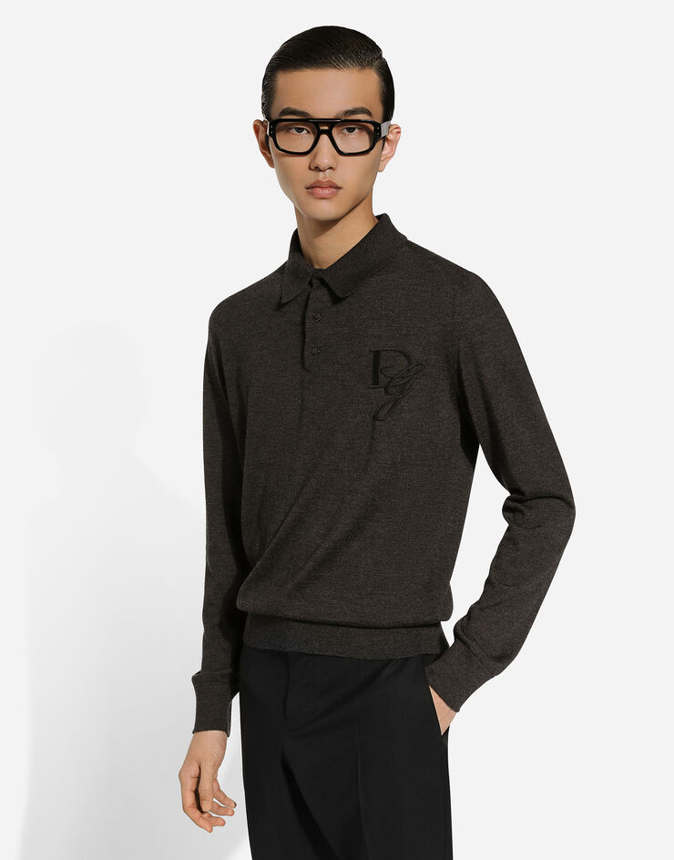 Dolce & Gabbana Polo en cachemire à manches longues et logo brodé Gris GXZ25ZJAWXR
