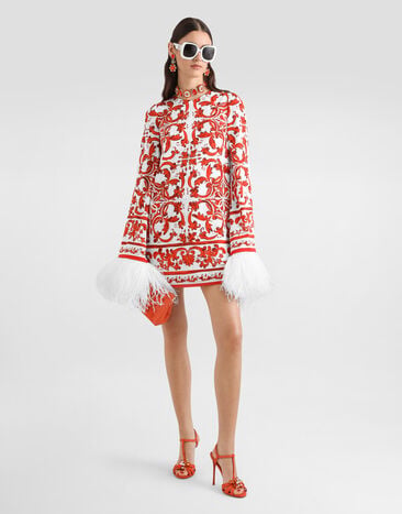 Dolce & Gabbana Majolica-print charmeuse dress with feather trim Multicolor F6ZW4ZGDDRJ