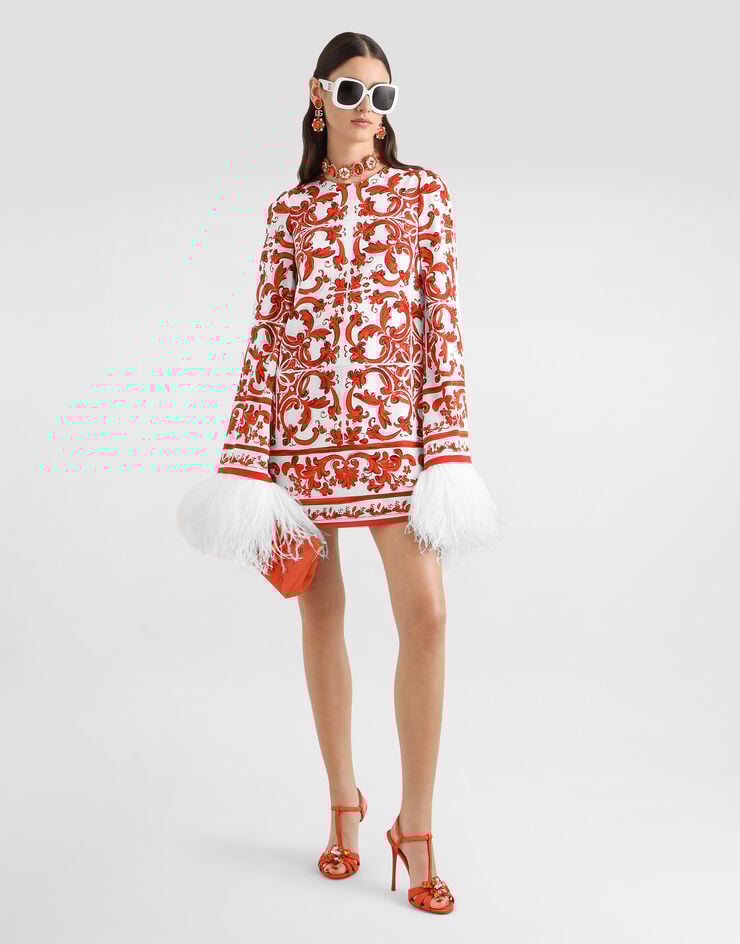 Dolce & Gabbana Majolica-print charmeuse dress with feather trim Multicolor F6ZW4ZGDDRJ