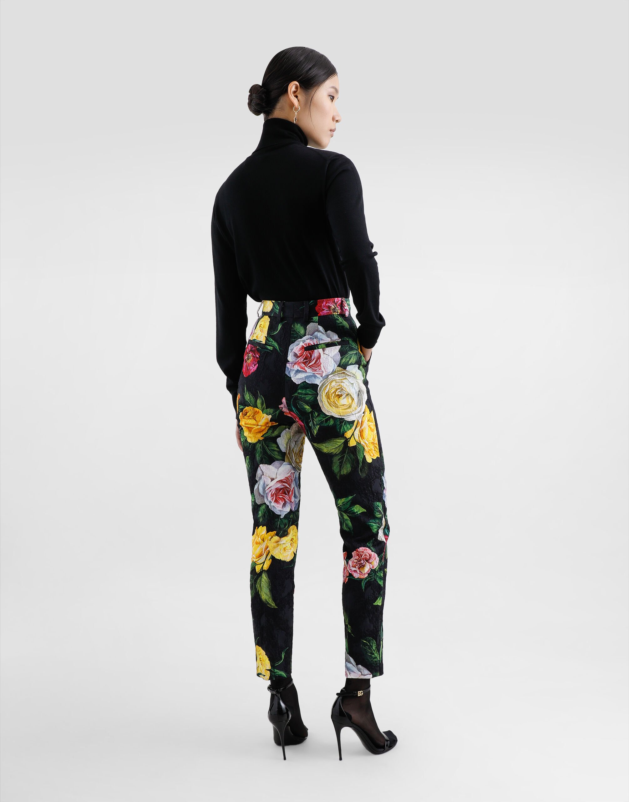 Tailored brocade pants with peony and rose print in Print for