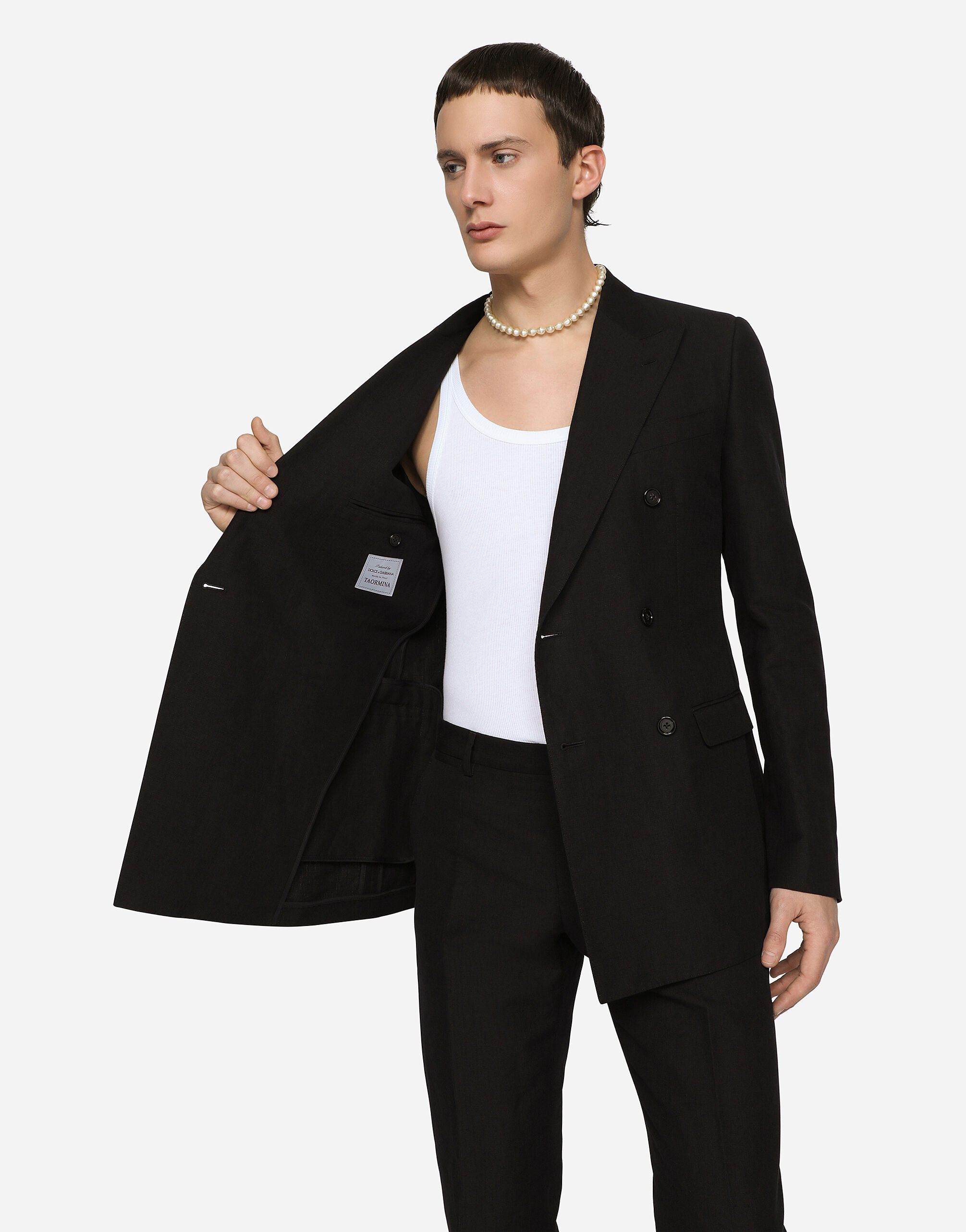 Double-breasted linen and cotton Taormina-fit suit in Black for