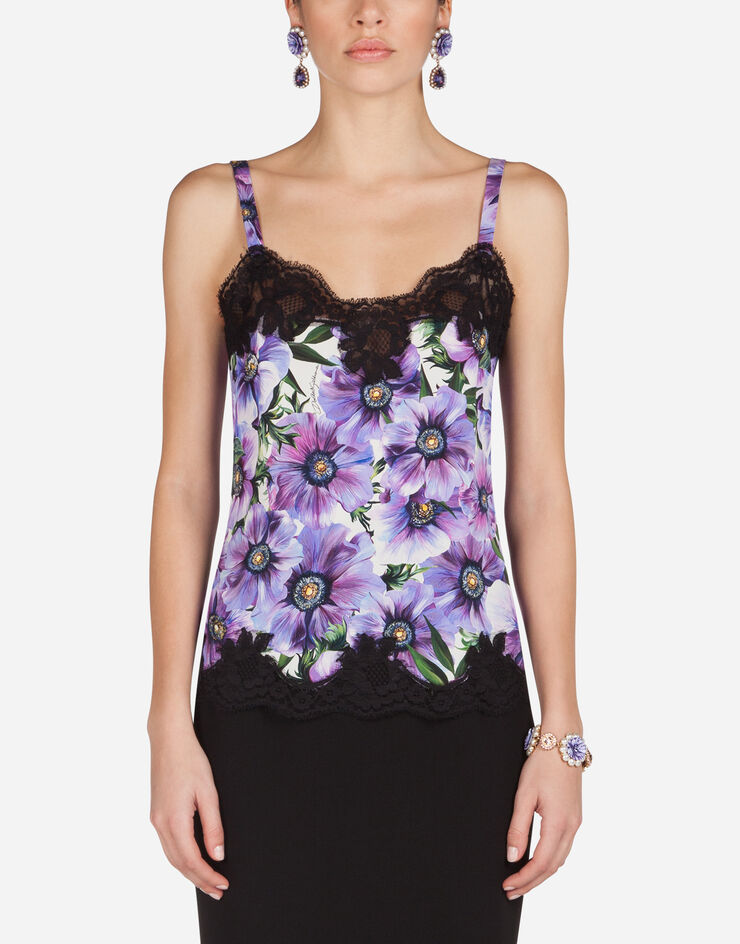 Dolce & Gabbana SATIN LINGERIE TOP WITH LACE AND ANEMONE PRINT 花卉印花 O7A00TFSAZO