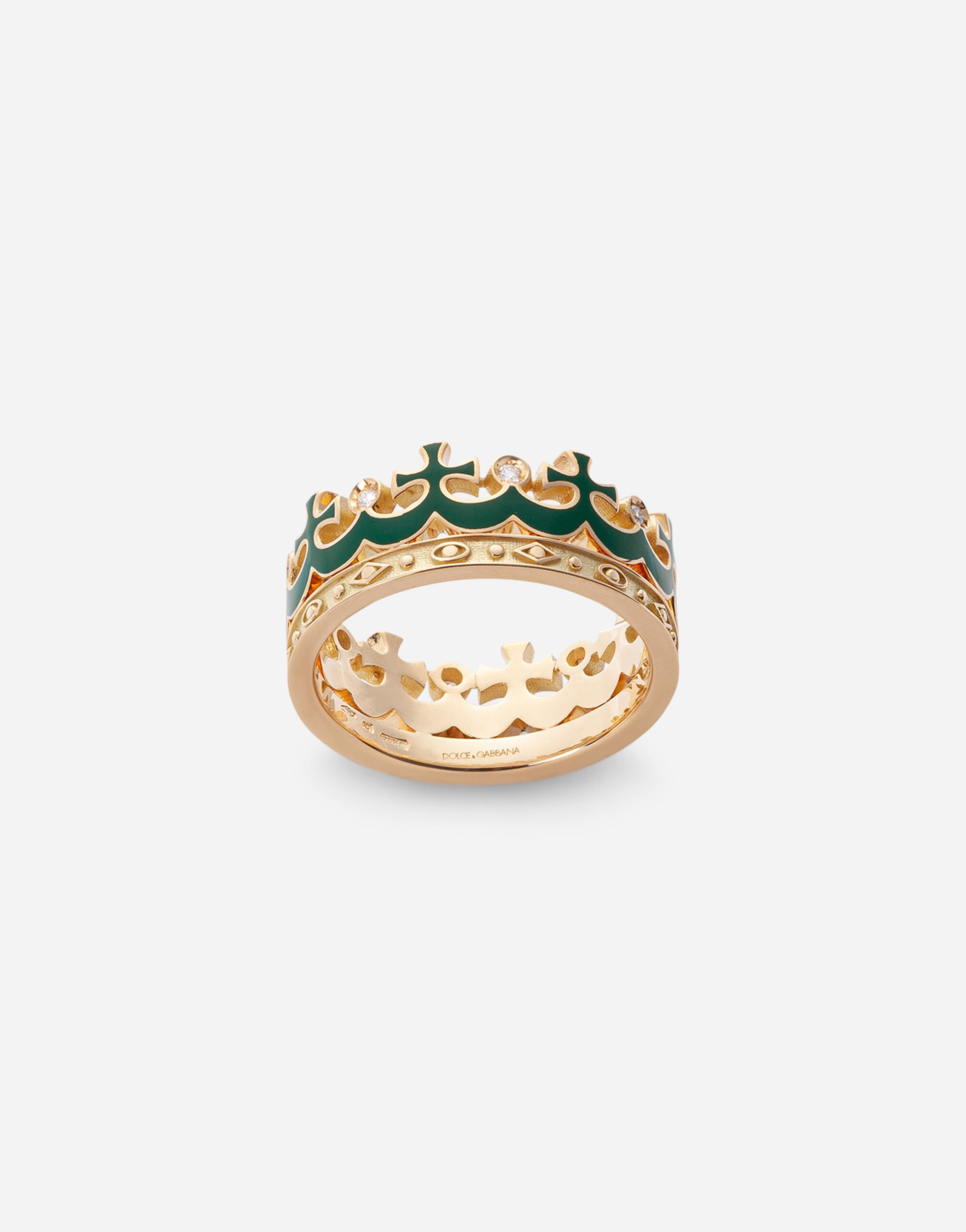 Dolce & Gabbana 그린 에나멜 크라운과 다이아몬드 장식 크라운 옐로 골드 링 골드 WRLK1GWIE01
