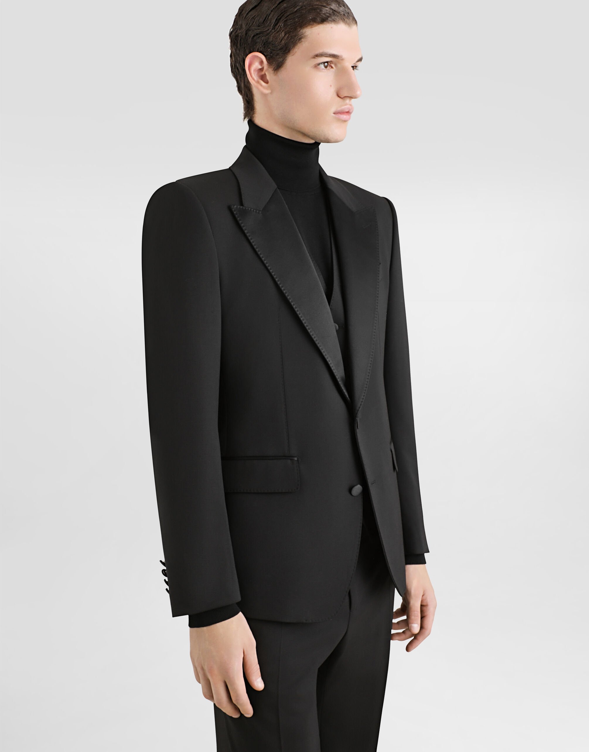 Three-piece Sicilia-fit suit in stretch wool in Black for