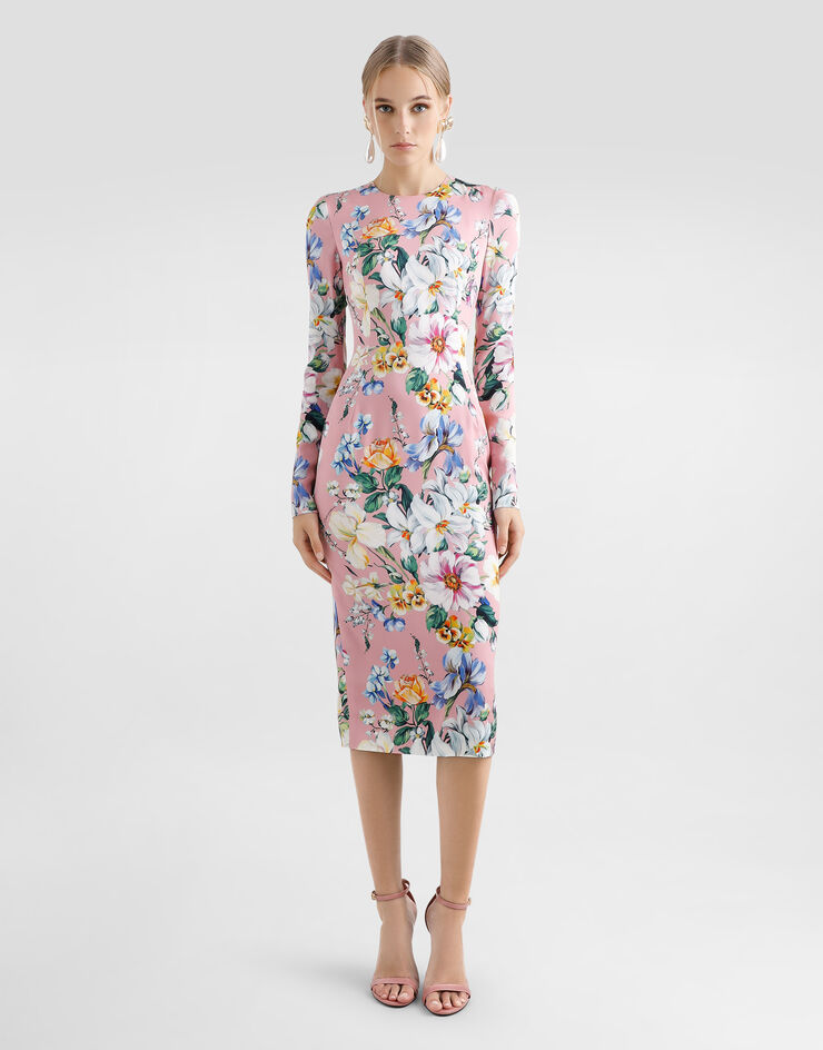 Dolce & Gabbana Vestido longuette de tubo de charmeuse con estampado de flores Imprima F6GAVTFSA7G