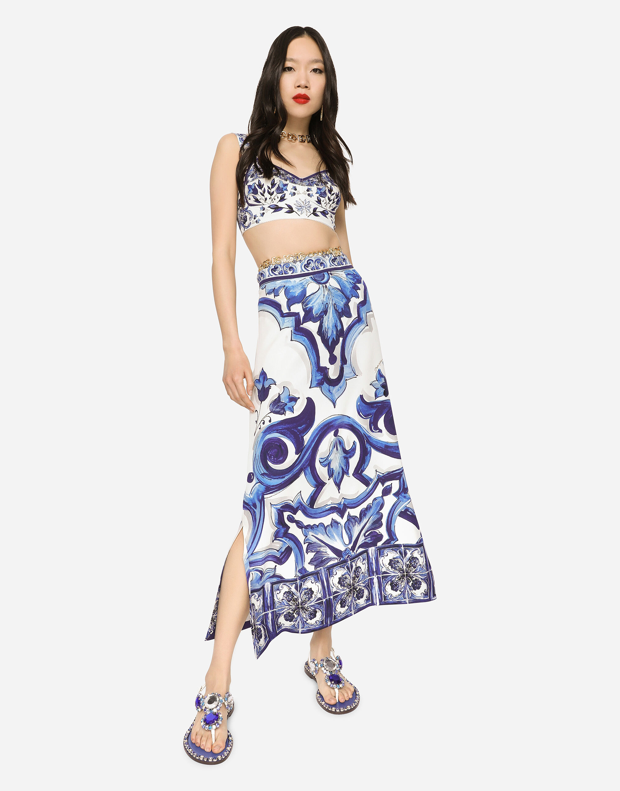 Majolica print charmeuse calf length skirt with slit in Multicolor for Women Dolce Gabbana US