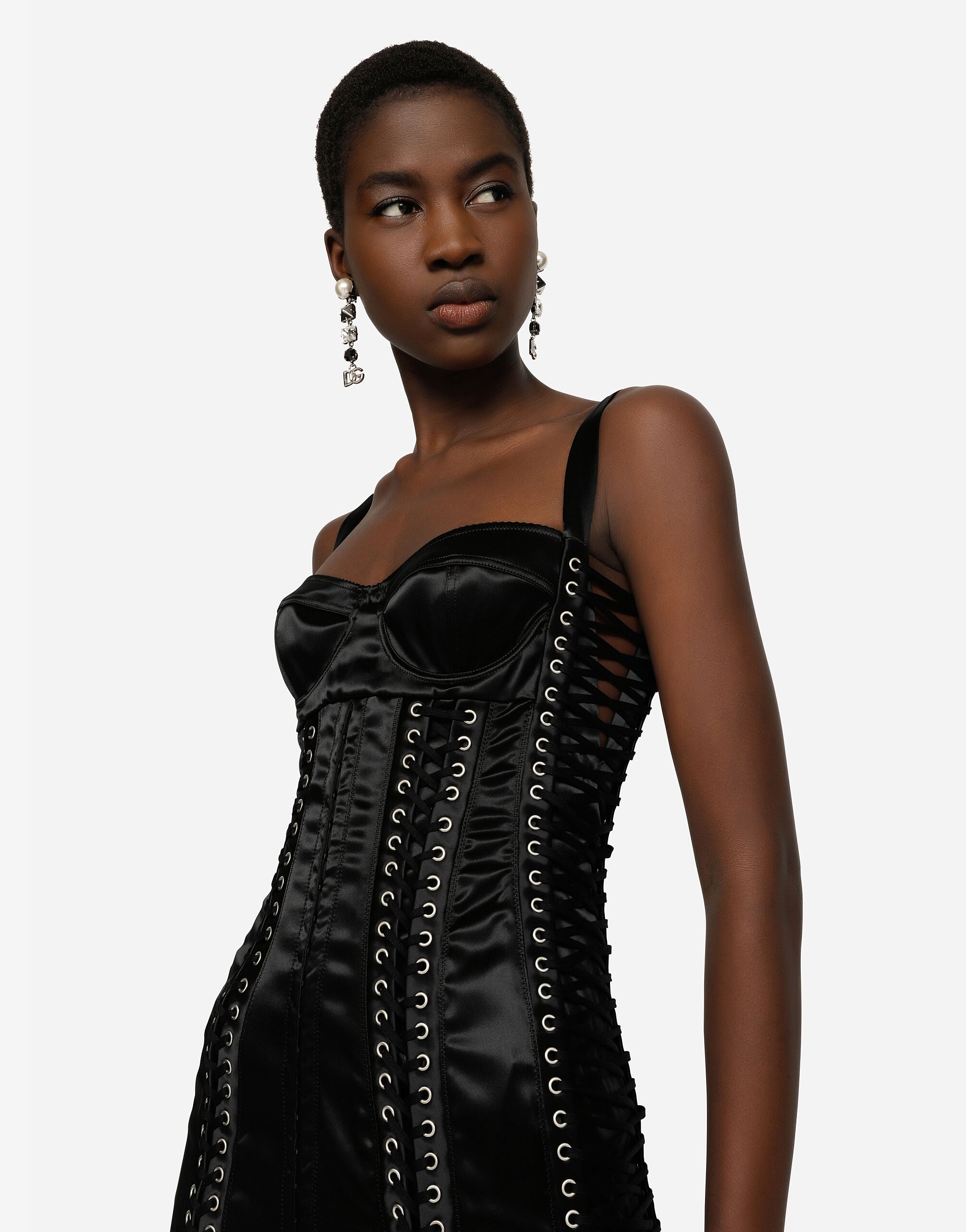 Satin minidress with laces and eyelets in Black for Women