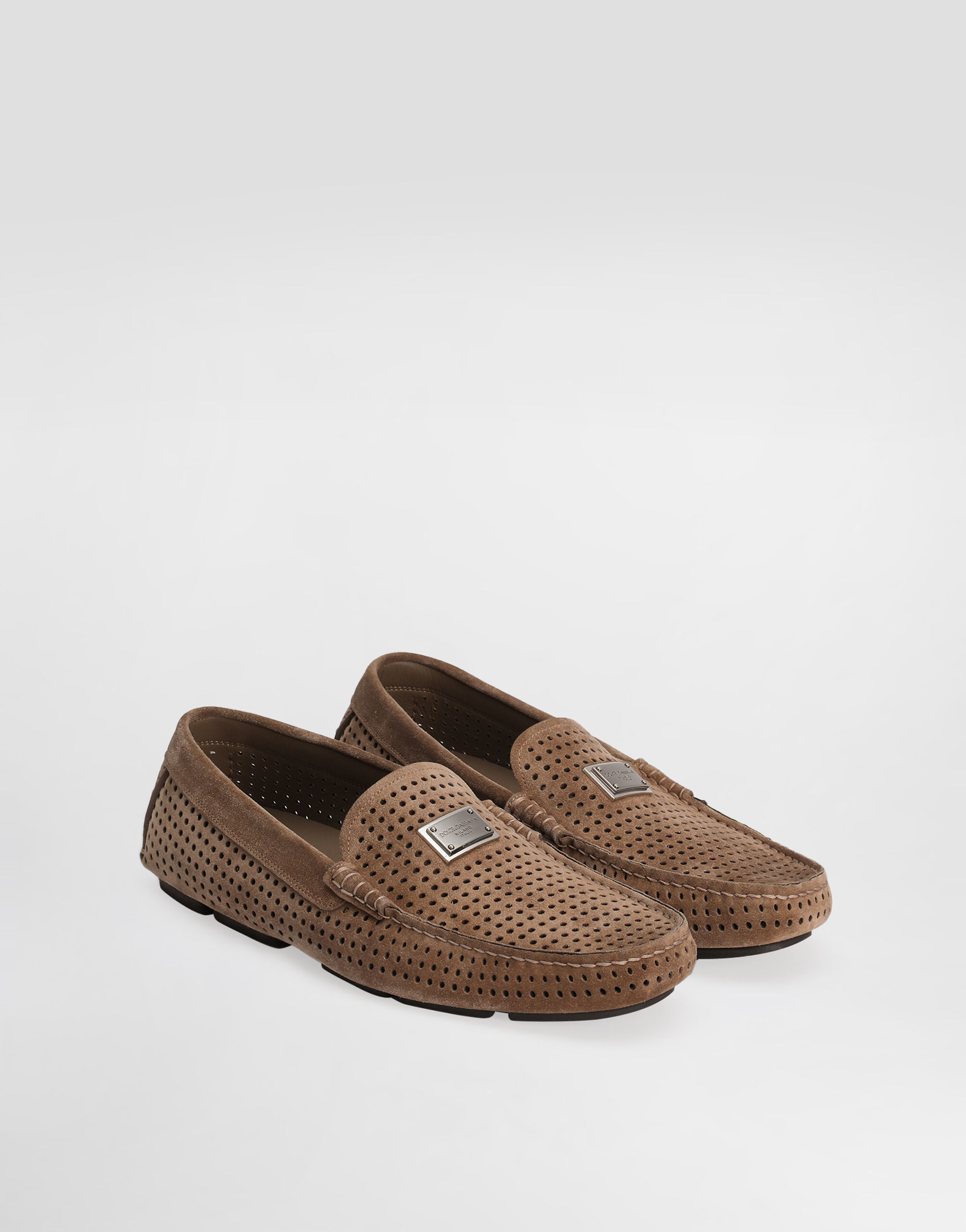 DG driver perforated split calfskin slipper in Brown for Men